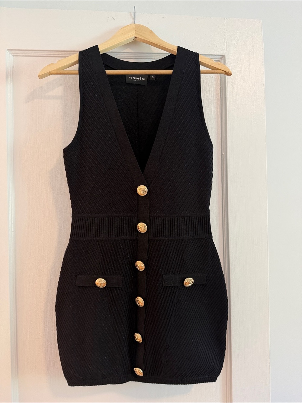 Retrofete Black Sleeveless V-Neck Knit Mini Dress with Gold Buttons
